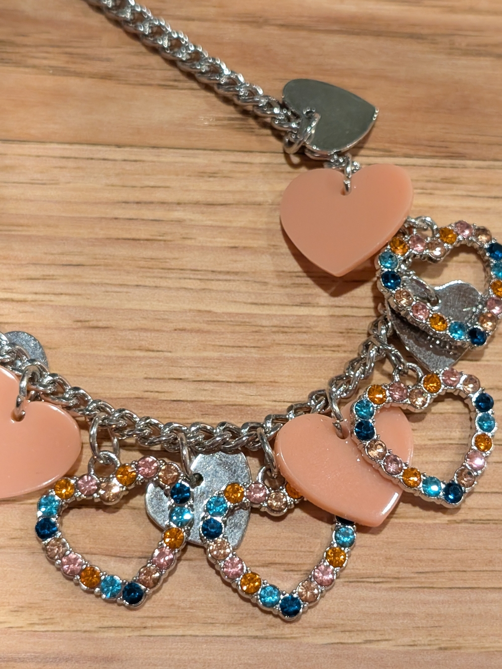 Necklace with Peach Heart Charms and Multicolor Crystal Hearts Bracelet Earrings